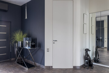Console table with green plant and black statue of dog in hall of modern home