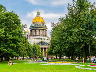 Stunning view of Saint Isaac's cathedral from Alexander garden, Saint Petersburg, Russia
