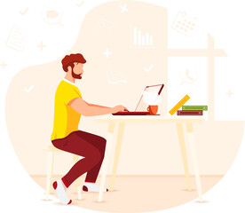 Freelancer man working on laptop. Home office, freelance, studying concept. Isolated vector illustration for flyer, poster, banner.