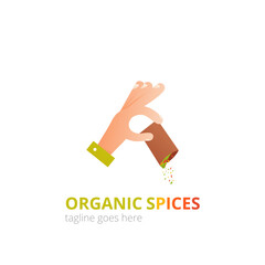 Spices logo concept design. Food vector illustration. Healthy simple logotype. The chef's hand pours the seasonings