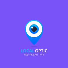 Eye logo on violet background. Vector design template. Local optic logotype. Logograms with geo pin
