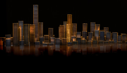 Panorama de bâtiments et paysage urbain sur fond noir en agrafes et vis en métal avec éclairage...