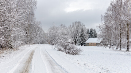 Fototapeta na wymiar Beautiful winter Christmas landscape in countryside with old houses and a lot of snow