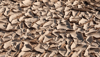 Cracked clay ground in a dry season. Cracked soil texture, global warming concept. Cracked dirt in a desert.