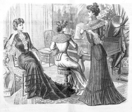 Women music room playing piano wearing vintage festive clothing