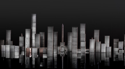 Panorama de bâtiments et paysage urbain sur fond noir en agrafes et vis en métal avec éclairage de nuit et reflets. Projet d'architecture, construction, développement, concept urbain, immobilier.