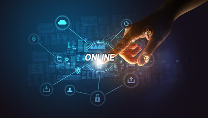 Hand touching ONLINE inscription, Cybersecurity concept