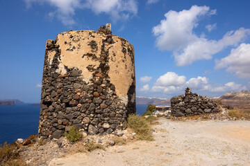 Old windmill with views of caldera near the village of Akrotiri, Santorini Island, Greece