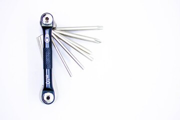 Bicycle multipurpose hex ke, Allen set tool isolated on white background. Multi tool for cyclist, bicycle hex set, top view.