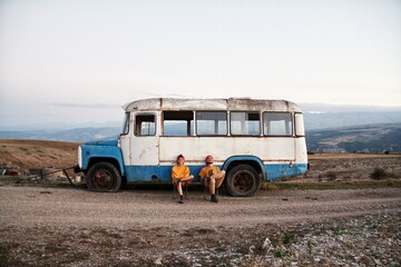bus on the steppe. in the wild