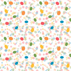 Easter bright vector seamless pattern. Colorful eggs on a confetti background.