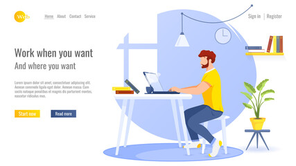 Website design. Freelancer man working on laptop. Home office, freelance, studying concept. Vector illustration for poster, banner, website development.