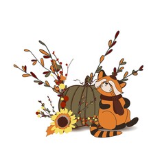 Autumn composition. Pumpkin and autumn twigs isolated on white background. Red panda character. Cute animals in a ha