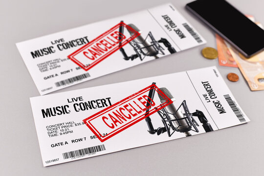 Concept for cancelled entertainment events with concert tickets and red 'cancelled' stamp on them
