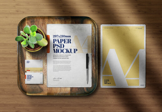 Vintage Paper Mockup Business Card Wooden Tray