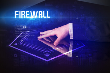 Hand touching digital table with FIREWALL inscription, new age security concept
