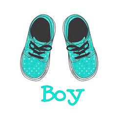 It's a BOY with pair little sneakers. Vector stock illustration isolated on white. Hand drawing modern fashion print design for kids - 401852852