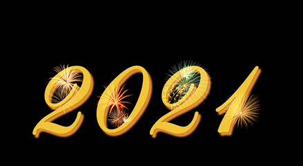 Happy New Year 2021 golden numbers on black background with festive fireworks 
