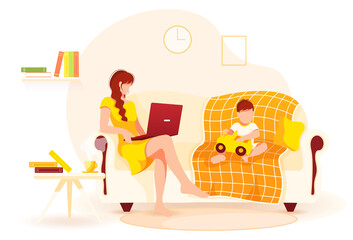 Woman sitting on the sofa and working on laptop, near her baby playing with car. Home office, freelance, studying concept. Isolated vector illustration for flyer, poster, banner.