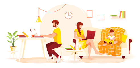 Freelancers man and woman working on laptops. Home office, freelance, studying concept. Isolated vector illustration for flyer, poster, banner.