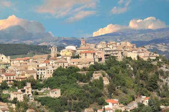 An aerial view of the a village on a hill at Castropignano, Campobasso, Molise in Italy