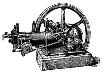 Horizontal gas engine. Illustration of the 19th century. Germany. White background.