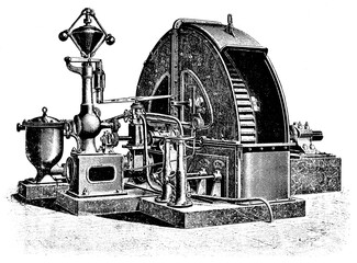 Water turbine by a French hydraulic engineer Louis Dominique Girard. Illustration of the 19th century. Germany. White background. © Sergey Kohl