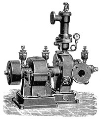 Water turbine by a Swedish engineer and inventor Gustaf de Laval. Illustration of the 19th century. Germany. White background.