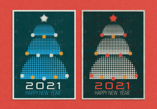 Vintage Happy New Year Poster Layout Design with Halftone Dots Tree Illustration
