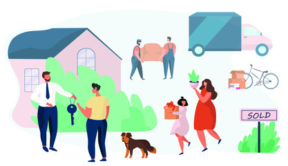 Family Buy House.House For Sale.Realtor Gives Keys to Family.Property Selling.Buying Real Estate Apartments.Moving Home.Moving truck on Background.Relocation Process.Flat Vector Illustration 