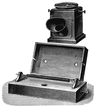 The make-and-break telephone by Johann Philipp Reis. Illustration of the 19th century. Germany. White background.