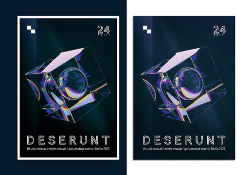 Modern Poster Layout with Translucent Iridescent Cube