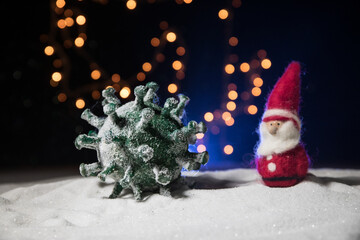 Traditional holiday attributes on snow. Creative artwork decorations. Empty space for your text