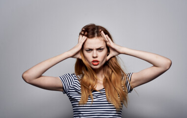 Fototapeta premium pretty woman beautiful hairstyle red lips glamor emotions studio