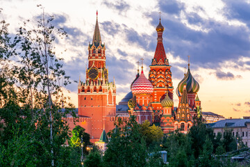 Cathedral of Vasily the Blessed (Saint Basil's Cathedral) and Spasskaya Tower of Moscow Kremlin on...