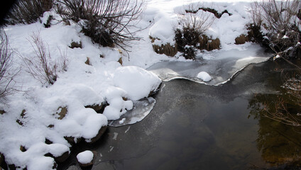 Ice Formations on frozen Upper Truckee River in the Tahoe Basin during Winter