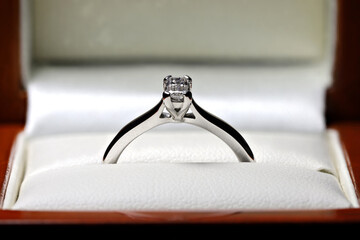 white gold ring with 0.18 ct emerald cut diamond in box