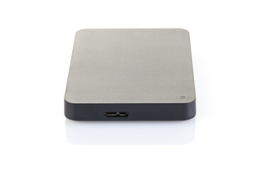 External hard drive disc with usb 3.0 cable, black. Best way of data storage on portable hdd. Close-up side left view isolated on white background. Full depth of field.