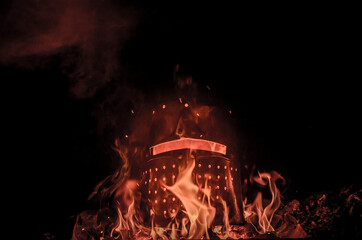 historic helmet on fire