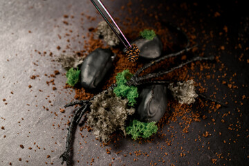 view of molecular modern cuisine dish decorated with wooden sticks and pine branches.