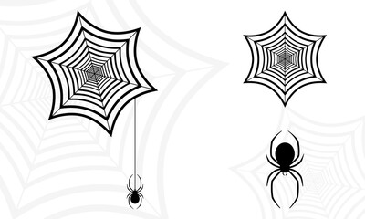 Spiderweb with spider vector silhouette; Halloween Cobweb vector illustration; 
Black Spider and Spiderweb with white background