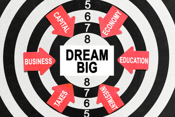 On the target, arrows with business lettering point to the center on a business card with the inscription - DREAM BIG