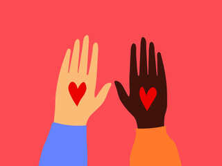 Two hands dark and light with a red heart. Symbol of the concept of love equality. Vector graphics