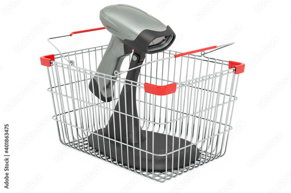 Poster shopping basket with bar code reader, scanner. 3d rendering