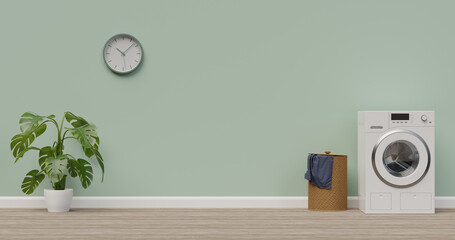 Interior of laundry room with washing machine and cloth basket 3d rendering