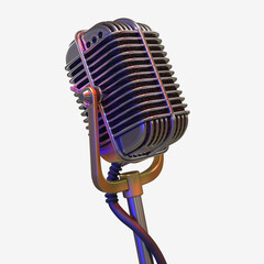 vintage microphone. The microphone has a classic design with a metal mesh and gold-plated details. It stands on a stand, and the cable winds around it.