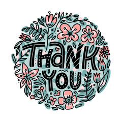 Thank you greeting card with hand lettering and cute floral circle on white background. Flat vector doodle illustration.