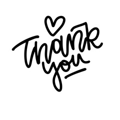 Fototapeta premium Lettering Thank you isolated on a white background. Signature Icon. Vector outline illustration with heart shape. Can be used as icon or symbol. Decor element. Hand drawn black sketch.