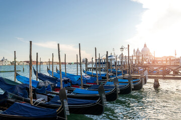 Grand canal with gondolas in travel Europe Venice city, Italy. Old italian architecture with landmark bridge, romantic boat. Venezia.