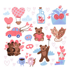 Saint Valentine Day sticker set. Feast of St Valentine's labels, happy 14 february icons with cute teddies, jar of hearts, air balloons, love letter. Flat vector illustration.